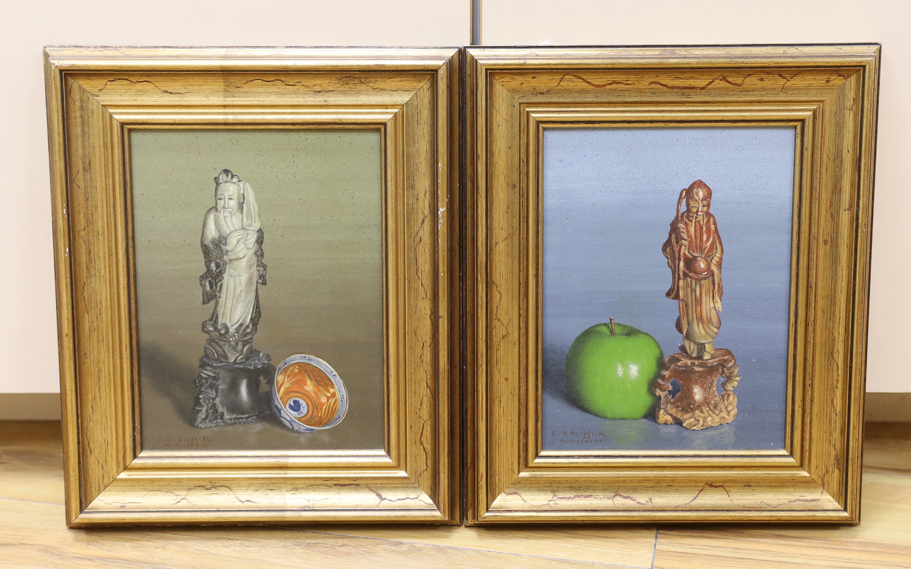 Edward Griffiths, pair of oils on board, 'Holy man with temptations' and one other, each signed, label verso, 21 x 16cm